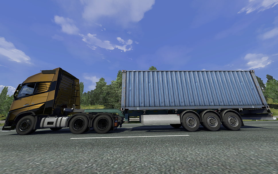 brown and black freight truck, video games, Euro Truck Simulator 2, trucks, highway HD wallpaper