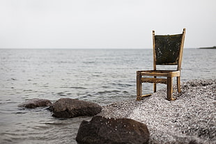 brown wooden framed white padded armchair, photography, water, sea, chair