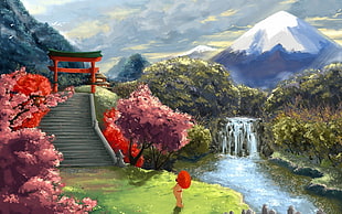 painting of Ganesha under red umbrella standing in front of calm body of water with mountain in distant, mountains, stairs, Japan, red umbrella