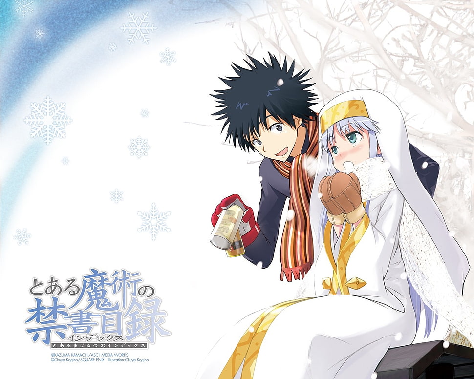 black haired boy with brown scarf standing beside girl with gray hair and white dress HD wallpaper
