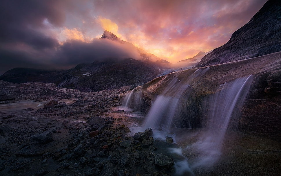 brown mountain range, storm, Alaska, waterfall, sky HD wallpaper