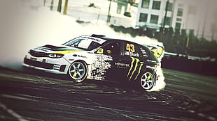 black and white racing car, Ken Block, Subaru, Monster Energy, Gymkhana HD wallpaper