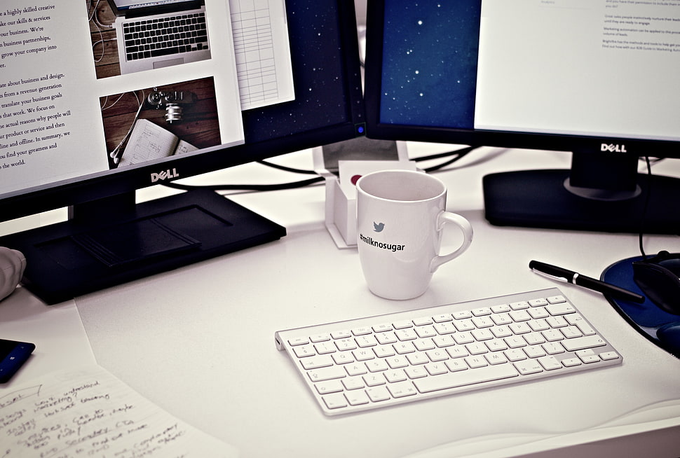 white ceramic mug near Dell monitor HD wallpaper