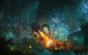 dragon breathing fire digital painting, fantasy art, dragon HD wallpaper