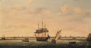 orange and blue ship paintin, Francis Holman, painting, frigates HD wallpaper