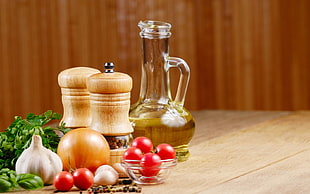 vegetables and jars on table HD wallpaper