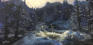 forest trail painting, painting, snow, The Elder Scrolls V: Skyrim, video games