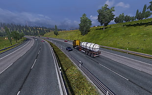 yellow freight truck illustration, video games, Euro Truck Simulator 2, trucks, highway