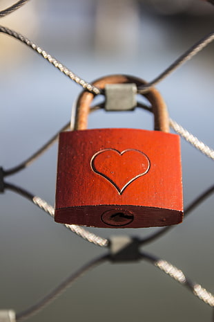 red padlock with heart print hang on mesh screen