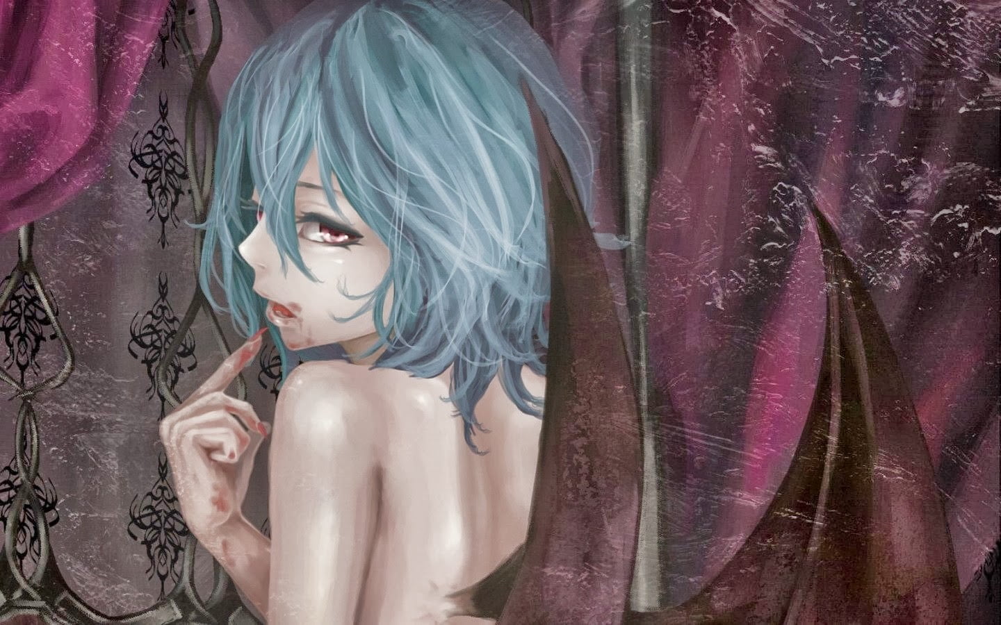 blue haired woman with red wings about to touch lips covered in blood