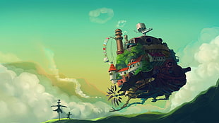 brown and green floating house animated illustration
