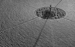 grey steel hole cover, photography, monochrome, aerial view