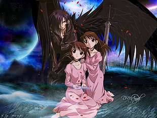 two girls with black male angel anime poster