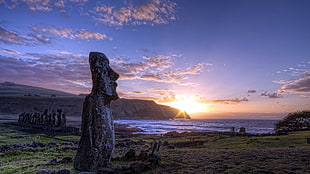 Moai Statues ,Easter Island, nature, sunset, landscape, statue HD wallpaper