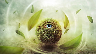 green leafed plant with eye illustration, digital art, fantasy art, eyes, leaves