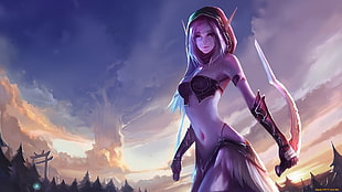 animated female elf character holding bladed weapon digital wallpaper