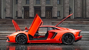 red supercar, car, Lamborghini, orange, Lamborghini Aventador HD wallpaper