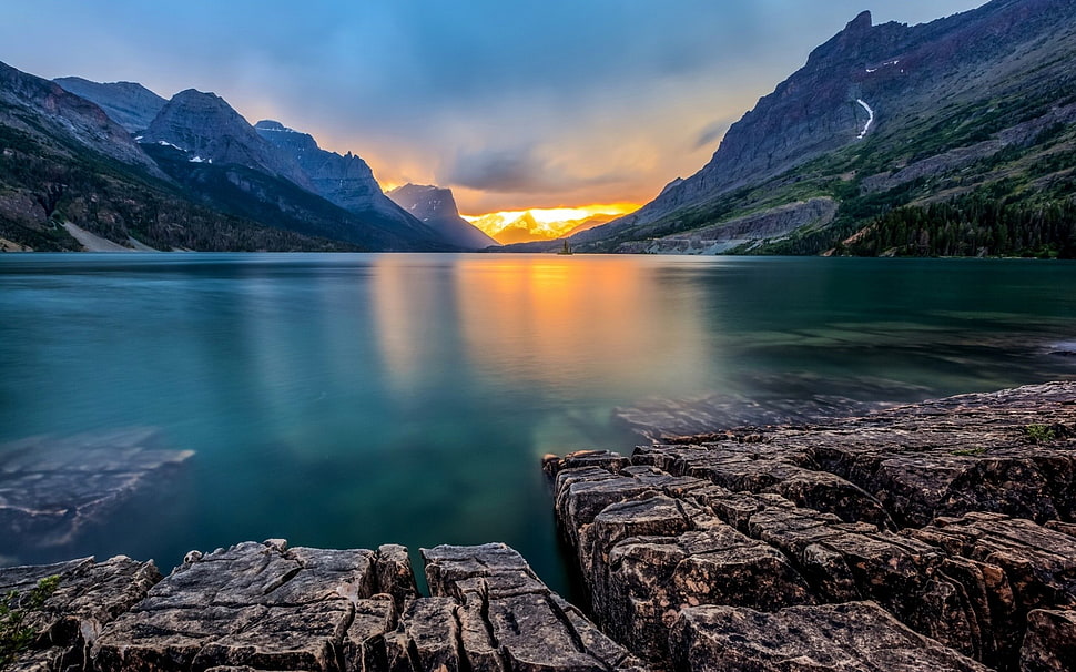 body of water, nature, landscape, lake, sunset HD wallpaper
