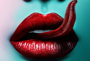 red matte lipstick, red, lips, horror, tongues HD wallpaper