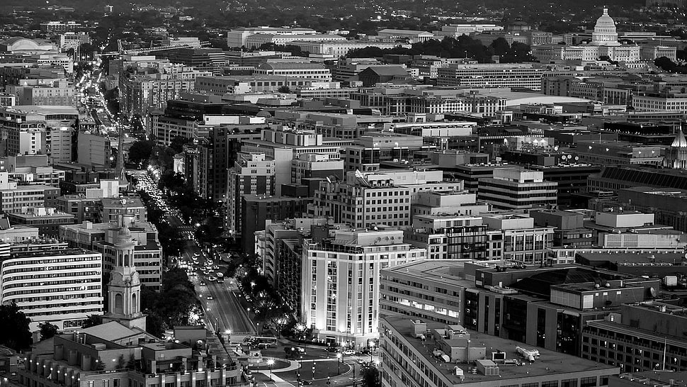 greyscale photo of buildings, Washington, D.C., monochrome HD wallpaper