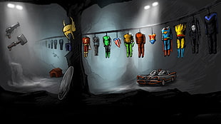 DC Comics character costumes hanged digital wallpaper, Batman, hero, artwork, digital art HD wallpaper