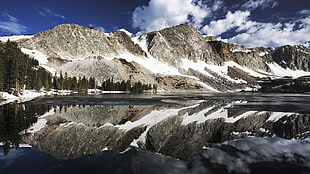 panoramic photography of mountain covered with snow reflected on body of water under blue and white sky