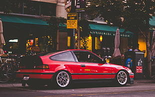 red coupe parked in store facade, car, Honda, Honda CRX