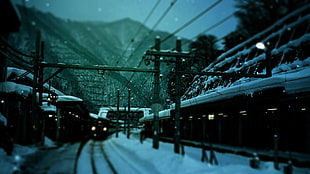 gray electric post, train, winter, railway station, dark