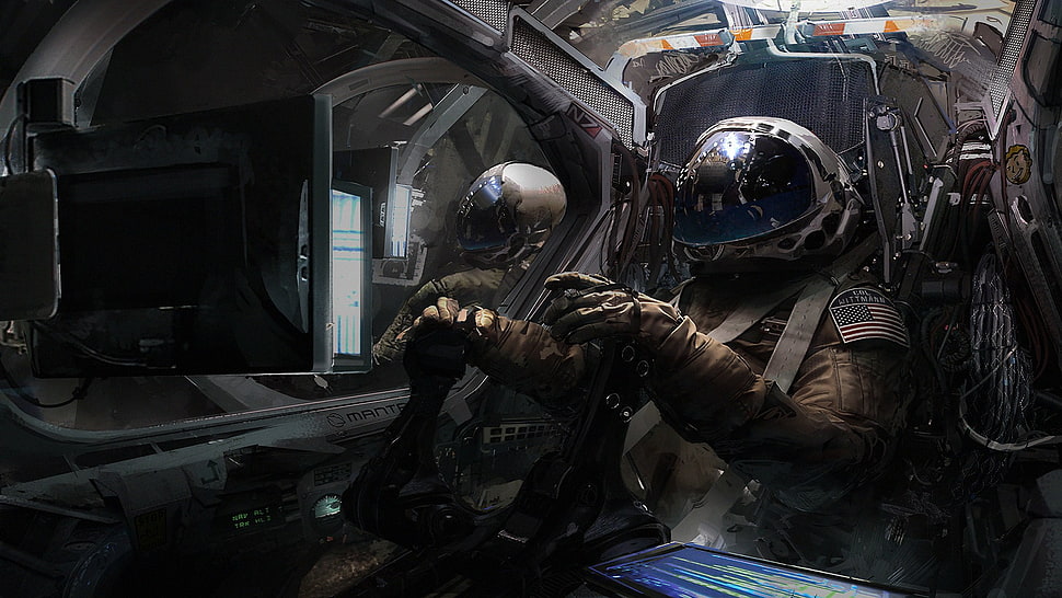 man wearing aviator suit, artwork, digital art, spaceship, astronaut HD wallpaper