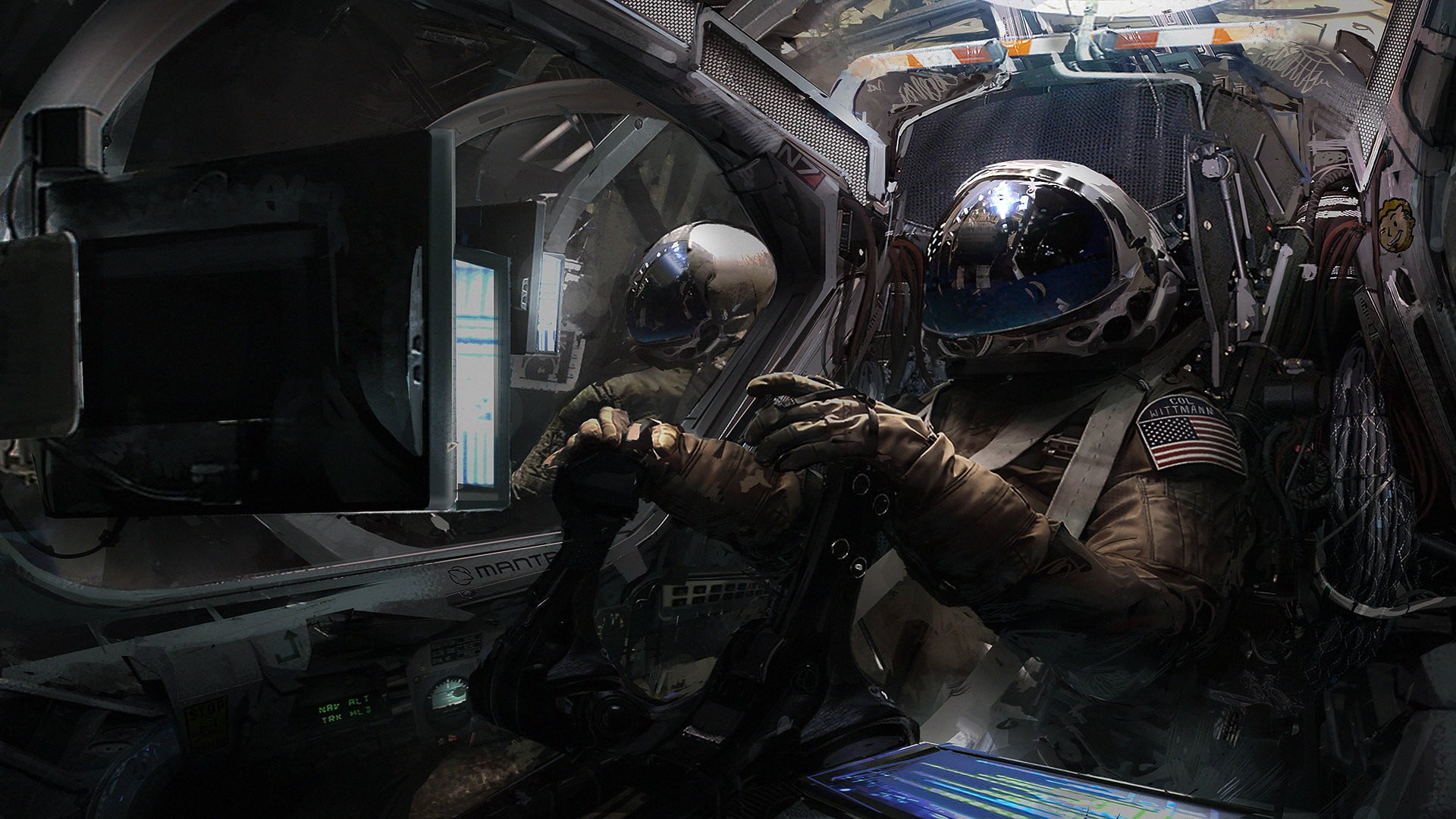 man wearing aviator suit, artwork, digital art, spaceship, astronaut