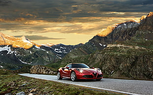 red sports car, Alfa Romeo, red cars, landscape, sunlight