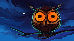 brown owl on branch at night illustration
