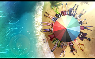 group of people lying under multicolored beach umbrella