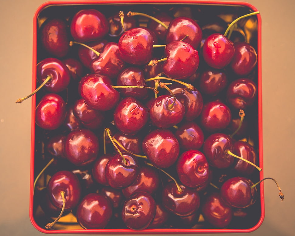 box of red cherries painting, cherries (food), fruit HD wallpaper
