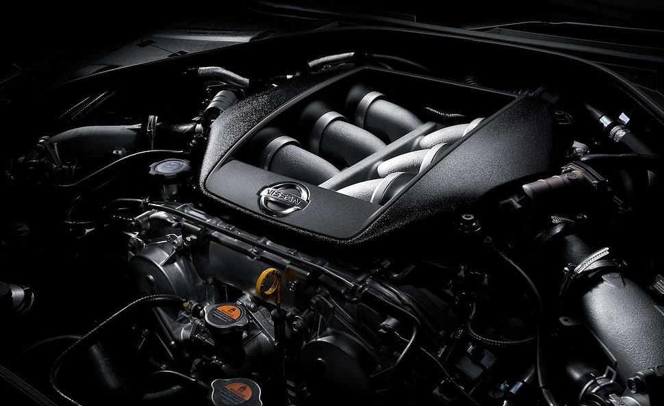 black car engine bay, car, sport , Nissan, Nissan GT-R HD wallpaper