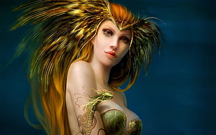 female wearing brown feather headdress and green sweetheart-neck clothing illustration