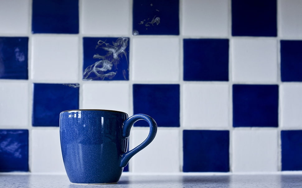 blue ceramic mug HD wallpaper