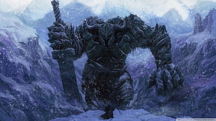 large warrior coming out through snow and facing a man in front of him