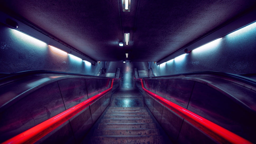 escalator photo, stairs, escalator, red HD wallpaper