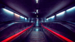 escalator photo, stairs, escalator, red HD wallpaper