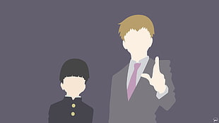 man wearing gray suit jacket beside boy in black suit illustration, Mob Psycho 100, Kageyama Shigeo, Arataka Reigen