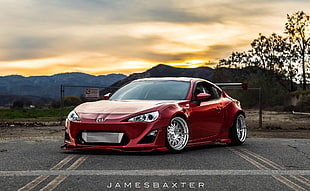 red coupe with text overlay, car, Toyota