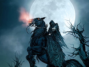 reaper riding on horse illustration, Grim Reaper, Moon, horse, trees