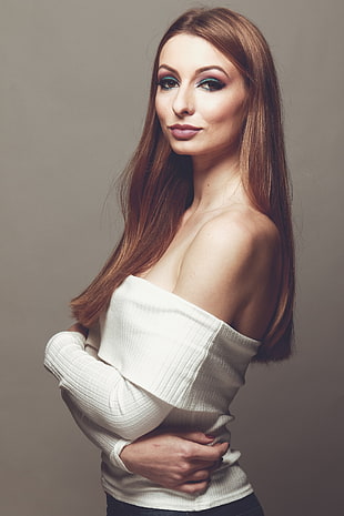 women's white off shoulder long sleeves dress HD wallpaper