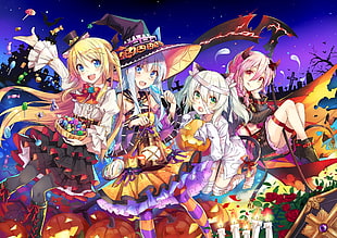 four female anime characters poster, Halloween, witch hat, witch, holiday HD wallpaper