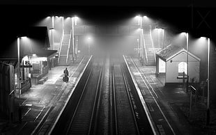 grayscale photo of train station HD wallpaper