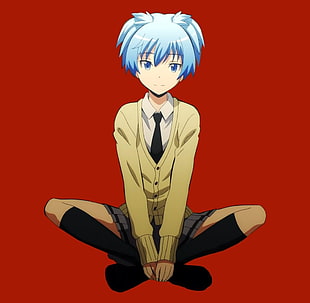 teal-haired anime character, sitting, school uniform, Ansatsu Kyoushitsu, Shiota Nagisa