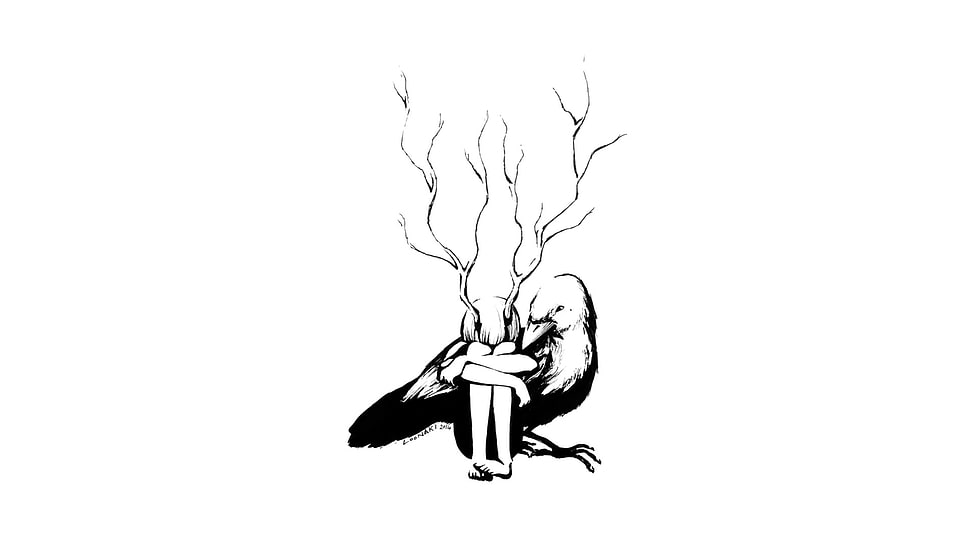 black bird and antler illustration, fantasy art HD wallpaper