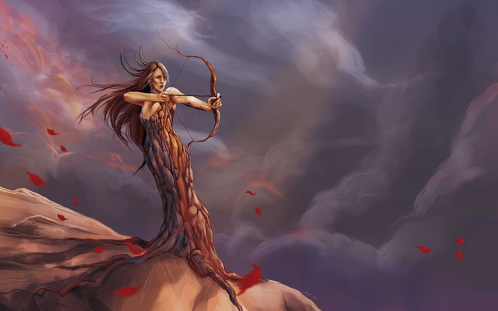 female character holding arrow digital wallpaper, archer, fantasy art, warrior, artwork HD wallpaper