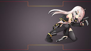 animated white haired female character holding pistol digital wallpaper